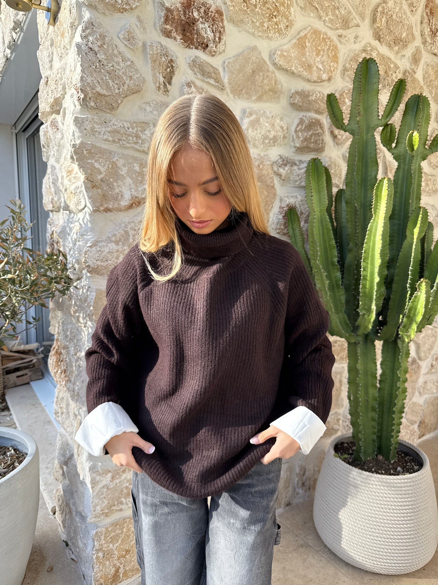 Pull manche chemise chocolat