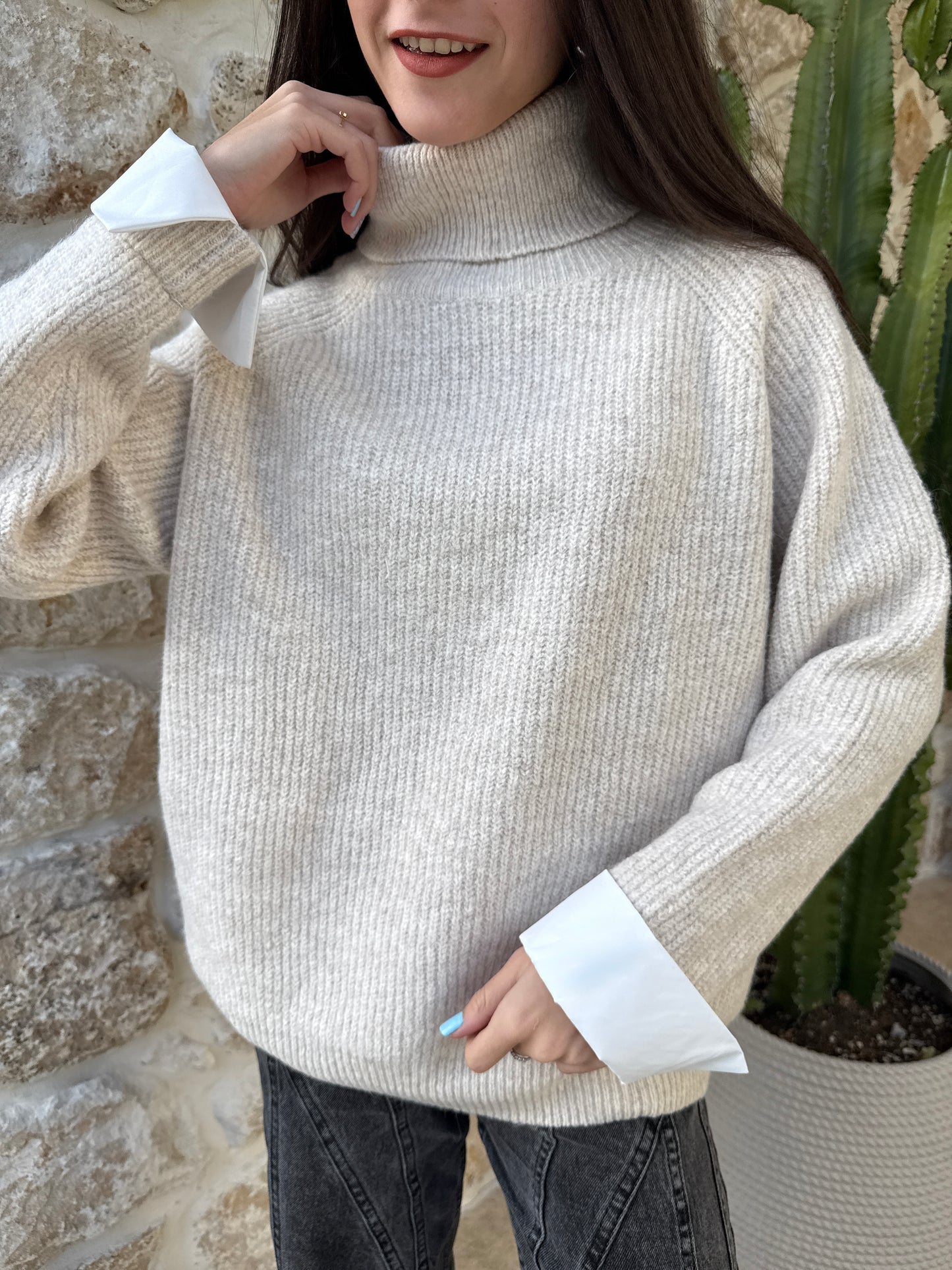 Pull manche chemise beige