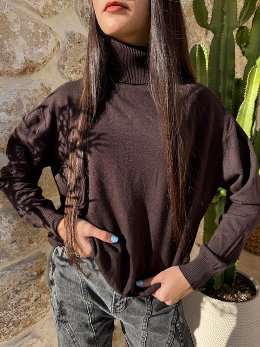 Pull col roulé chocolat