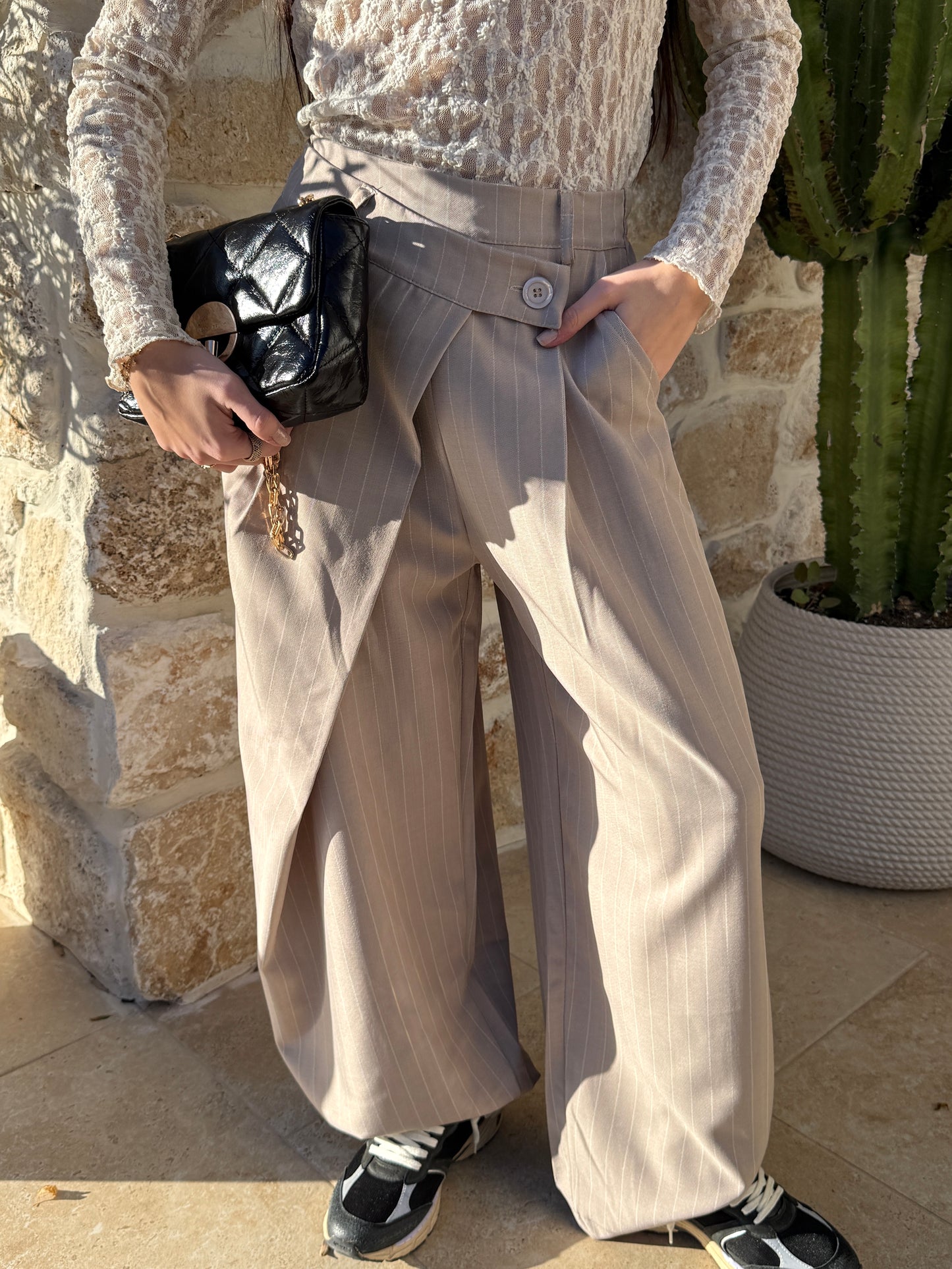 Pantalon rayé beige