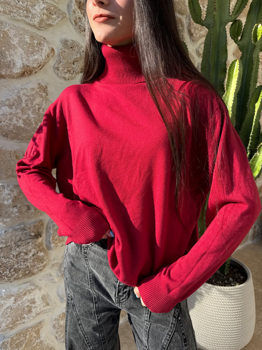 Pull col roulé rouge