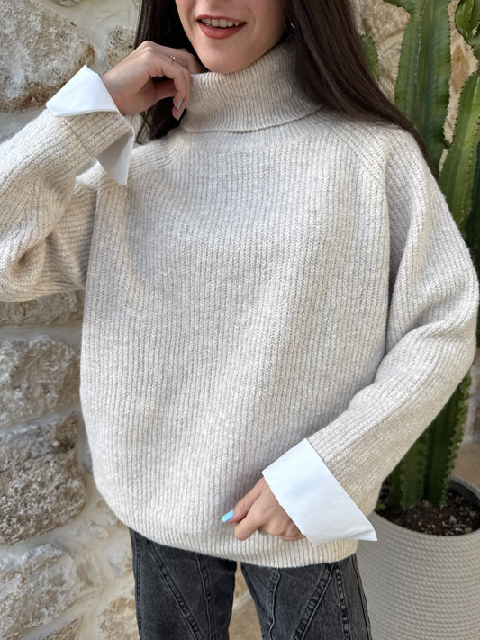 Pull manche chemise beige