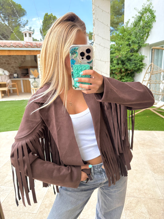 Veste à franges marron en daim ￼